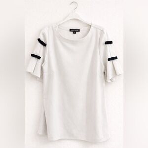 Ann Taylor White Blouse Black Bow Sleeve Detail Short Sleeve Women's Top Size XL